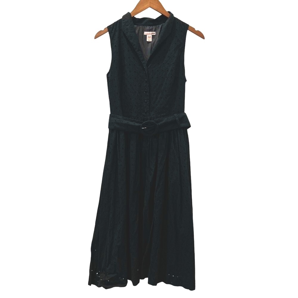 H&M Black Midi A-Line Sleeveless Eyelet Dress Belted Size 8 Lined